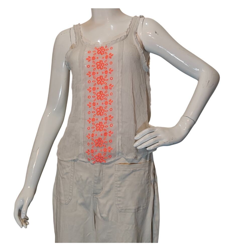 Hollister Sheer Tank Top‎ Cream Neon Floral Embroidered S